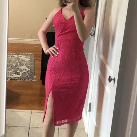 BCBG Hot Pink Lace Wrap Thigh Slit Dress - Picture 4 of 8